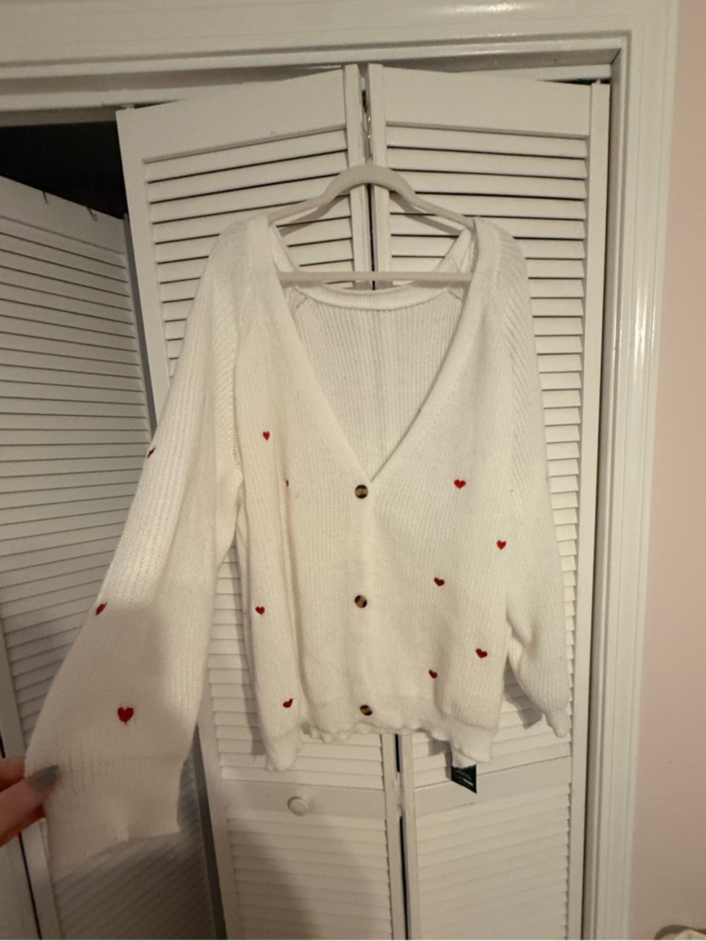 White Button-Front Sweater Cardigan with Red Heart Detail